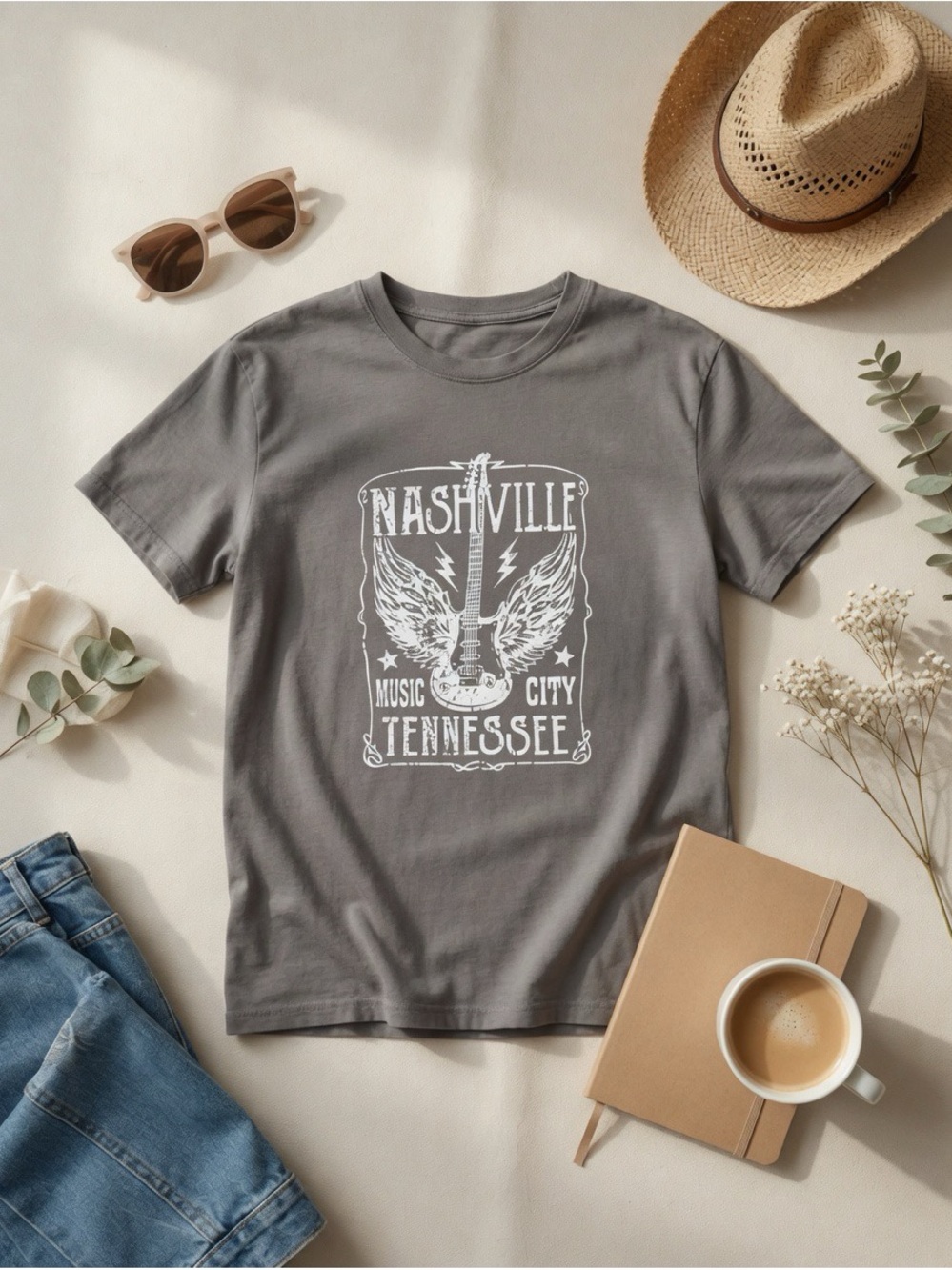 Gray Nashville Music City Tennessee Winged Guitar Tee - Size Large